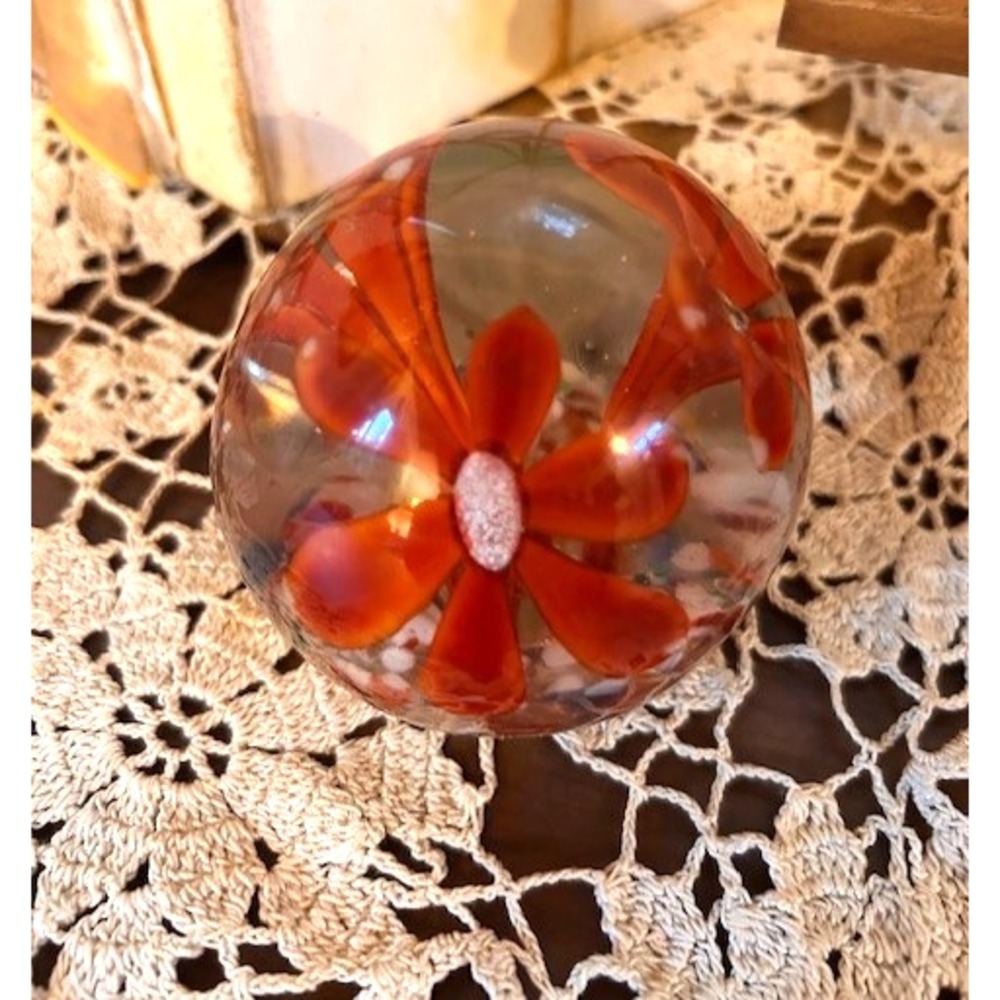 Vintage 3" Dome/Egg Shape Art Glass Paperweight Red Flowers On Multi Color Base